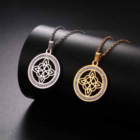 Stainless Steel Witch Knot Pendant Necklace Celtic Wiccan Jewelry Zirconia Hollow Out Gold Silver Necklaces For Women Men