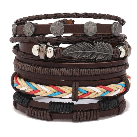 Stacked Woven Bracelets Vintage PU Leather Wax Cord With Alloy Feather Star Charms Adjustable Punk Style For Men Women