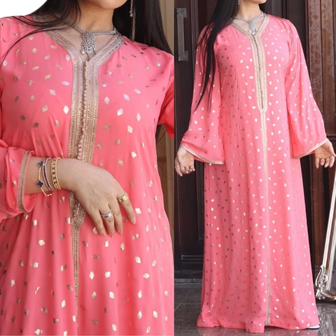 Pink Gold Stamping Maxi Dress Ethnic Kaftan V Neck Long Sleeve Tribal Style Women Long Gown Abaya Embroidery