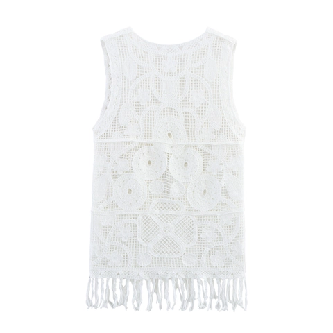 Gilet All'uncinetto Da Donna Senza Maniche Pizzo Traforato Top Con Frange Boho Spiaggia Scollo A V Maglia Bianca