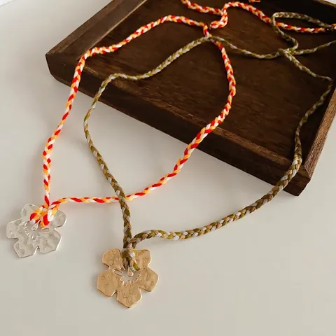 Collar Con Colgante De Flor Cordón Tejido A Mano Ajustable Textura Martillada Metal Cobre Estilo Étnico Vintage Mujer