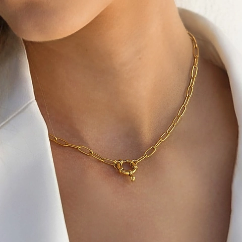 Paperclip Chain Necklace Stainless Steel Golden Round Spring Clasp Pendant Minimalist Daily Wear For Women Hypoallergenic