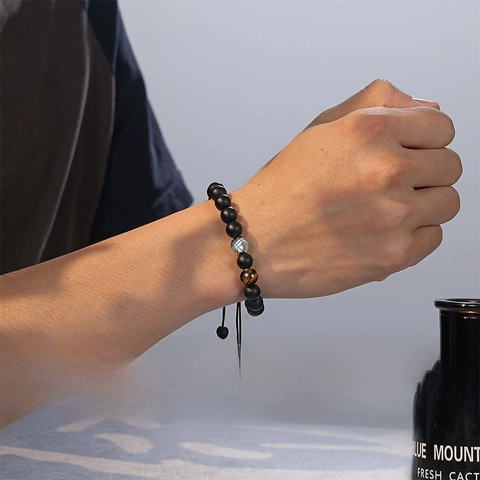 Motivational Sports Ball Bead Bracelet Natural Tiger Eye Matte Stone Hand Woven Adjustable Jewelry Gift For Men Youth