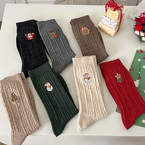 Calcetines De Navidad Para Mujeres Y Hombres De Algodón Tejido Media Pantorrilla Invierno Cálido Acanalado Bordado Muñeco De Nieve Papá Noel Reno