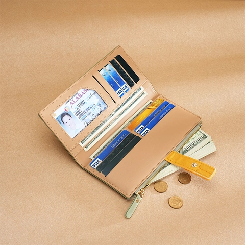 Women Long Wallet Elegant Contrast Color PU Leather Lychee Pattern Zipper Clutch Purse Various Card Slots Fashionable