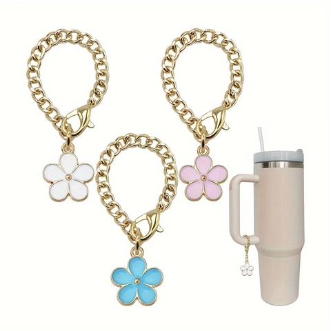 Enamel Flower Cup Handle Charm Gold Alloy Chain With Lobster Clasp Decorative Water Bottle Pendant For Insulated Tumblers