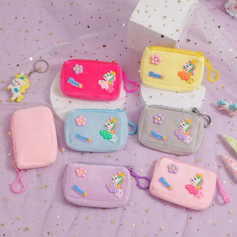 Cute Cartoon Unicorn Plush Coin Purse Mini Wallet Keychain Hook Schoolbag Pendant For Kids Girls
