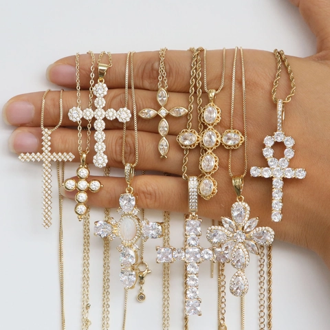 Fashion 18K Gold Plated Brass Zirconia Cross Pendant Necklace For Women Religious Iced Out Hip Hop Ankh Life Symbol Jewelry Retro Party Gifts