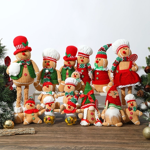 Christmas Gingerbread Man Ornaments Knitted Fabric Cute Dolls Hanging Pendants Candy Jars LED Gnomes Xmas Home Decor