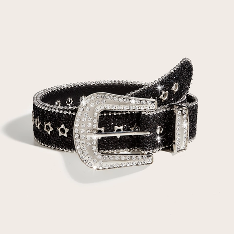 Cintura Di Strass Da Donna Stile Western Glitter Pelle PU Vita Con Occhielli A Stella Fibbia In Lega Per Jeans