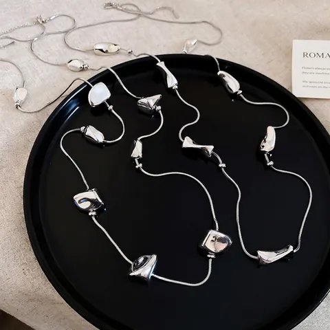 Irregular Liquid Metal Bead Lange Ketting Koper Gepolijst Geometrische Trui Ketting Y2K Minimalistische Sieraden Voor Vrouwen