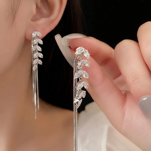 Elegant Wheat Ear Long Tassel Drop Earrings With Cubic Zirconia And 925 Sterling Silver Earring Post For Women Fashion