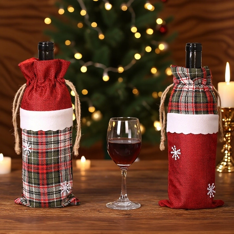 Funda Botella Vino Navidad Arpillera Cuadros Bordado Copo Nieve Bolsa Cordón Decoración Mesa Cena Fiesta