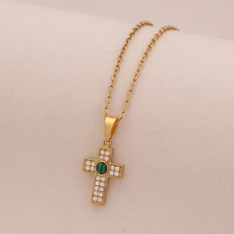 Collar Con Colgante De Cruz Acero Inoxidable Micro Pavé Zirconia Piedra De Color Joyas Religiosas Mujeres Estilo Elegante