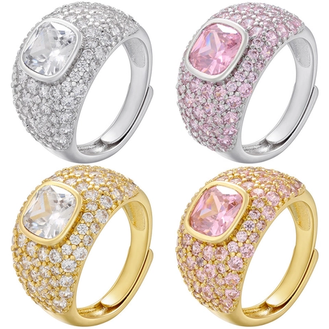Luxurious Copper Ring Micro Pave Zircon Square Gemstone Adjustable Open Finger Jewelry For Women