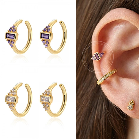 Bague D'oreille Géométrique Cuivre Avec Zircon Rectangle Forme C Vintage Mode Pour Femmes