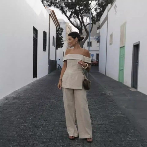 Damen Off Shoulder Bardot Top Und High Waist Weite Hose Elegant Sommer Urlaub Gewebte Leinenoptik Textur Apricot