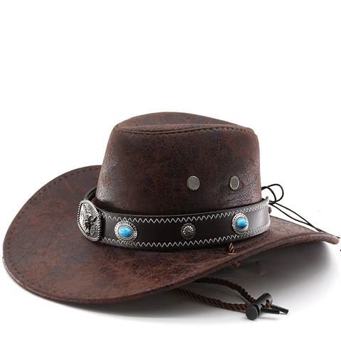 Cappello Da Cowboy Occidentale Ecopelle Trama Crepata Tesa Larga Cappello Da Cavaliere Con Testa Di Toro In Metallo Borchie Turchesi