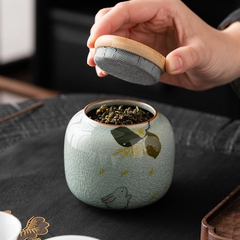 Ceramic Tea Canister With Wood Lid Airtight Storage Jar Chinese Calligraphy Hand Painted Vintage Style Home Kitchen