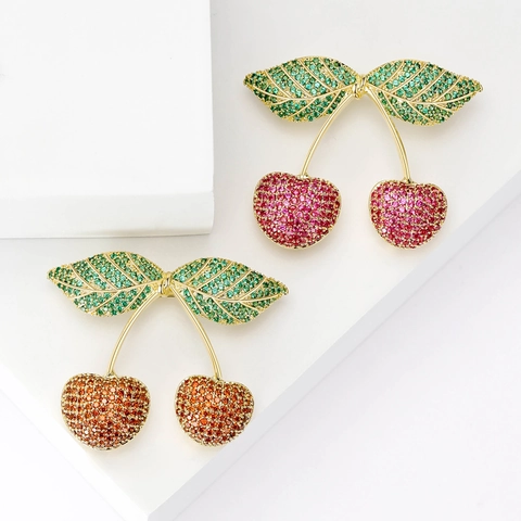 Fashion Cute Cherry Brooch Pin Micro Inlaid Zircon Copper Gold Plated Fruit Corsage Elegant Jewelry Accessories For Women
