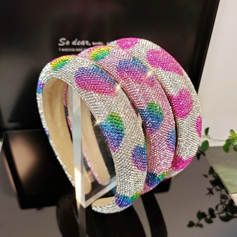 Diadema de Lujo con Corazón de Diamantes de Imitación para Mujer Arcoíris Lunares Leopardo Acolchada Banda para el Cabello