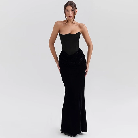 Trägerloses Bodycon Maxikleid Samt Spleißen Rückenfrei Schlanke Passform Hohe Taille Abendparty Promi Stil Elegant Damen