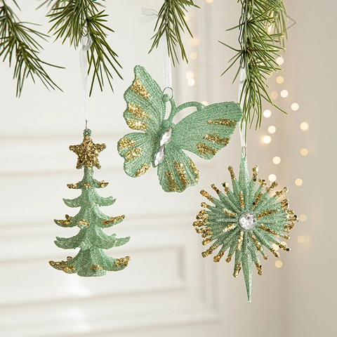 Christmas Tree Hanging Ornaments Mint Green Gold Glitter Plastic Butterfly Star Bell Ballerina For Xmas Holiday Home Party Decor