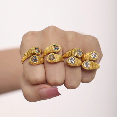 Anillo Abierto De Doble Corazón De Acero Inoxidable Con Circonita Joyería De Moda Ajustable Para Mujer