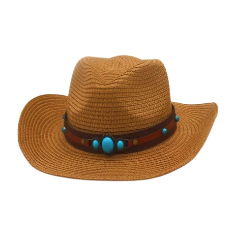 Chapeau de Paille Cowboy de l'Ouest pour Femme Style Bohême Large Bord Chapeau de Soleil Avec Ceinture en Cuir Turquoise