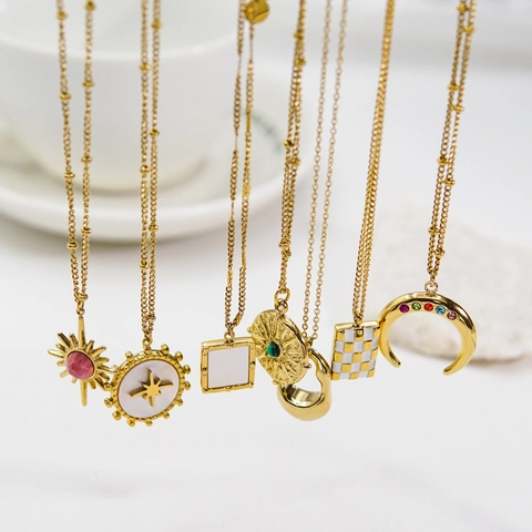 14K Gold Plated Stainless Steel Necklace For Women Natural Stone Shell Crescent Moon Starburst Pendant Vintage Jewelry