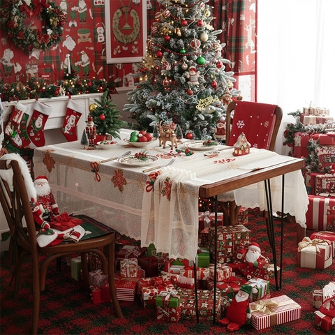 Mantel De Navidad Encaje Rectangular Bordado Papá Noel Campana Copo De Nieve Floral Decoración De Mesa Fiesta Lavable