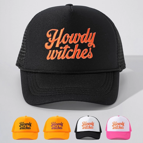 Cappello Trucker Rete Poliestere Ricamo Howdy Witches Regolabile Traspirante Halloween Aperto Western Vintage Unisex