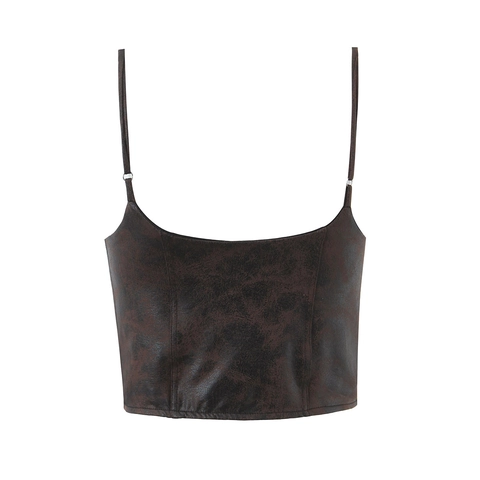 Canotta Vintage In Pelle PU Da Donna Patchwork Bustier Stringato Retro Marrone Streetwear Sexy Vestibilità Slim Crop