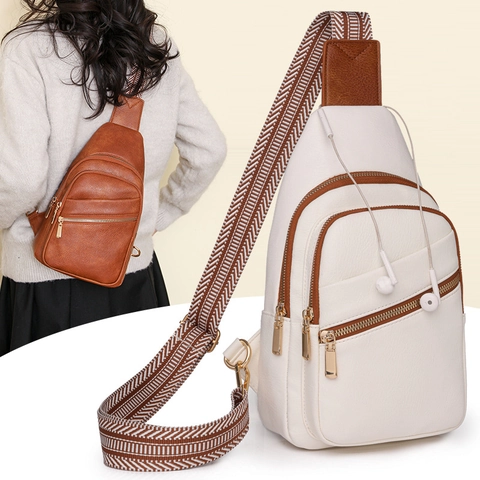 Women Chest Bag PU Leather Crossbody Sling Bag Retro Fashion Wide Geometric Strap Multi Zipper Casual Outdoor Travel