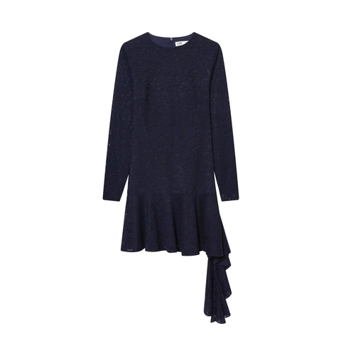 Abito Mini In Pizzo A Maniche Lunghe Con Orlo A Volant Asimmetrico Girocollo Elegante Blu Notte Serata Per Donne