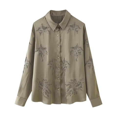 Women Casual Satin Shirt And Pants Outfit Floral Embroidery Beaded Long Sleeve Vacation Suit Streetwear