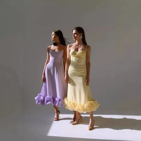 Women Spaghetti Strap Evening Dress Slim Fit Solid Color Ruffle Hem Elegant Party Banquet Maxi Gown Sleeveless