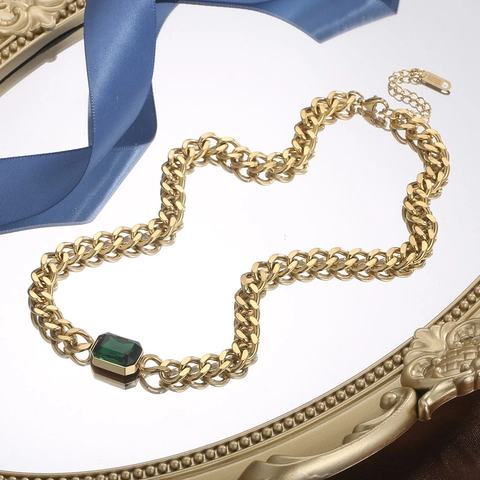 Stainless Steel Cuban Chain Necklace For Women With Square Crystal Glass Pendant Hip Hop Style Gold Plated