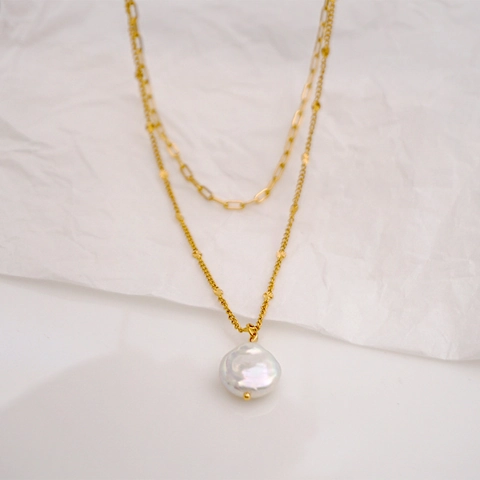 Collana A Strati In Acciaio Inossidabile Con Catena A Graffetta E Perla Artificial Barocca D'acqua Dolce Vintage Oro Pendente Good Luck