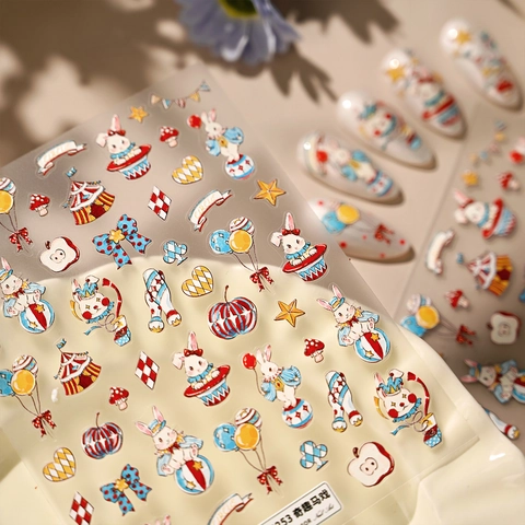 Adesivi Per Nail Art In Rilievo 3D Tema Circo Coniglio Tenda Palloncino Vintage Simpatici Decalcomanie Per Donne