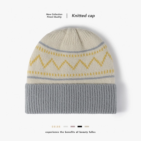 Gorro De Punto De Invierno Para Mujer Cálido Grueso Forro Polar Bloque De Color Rayas Geométricas Moda Cortavientos