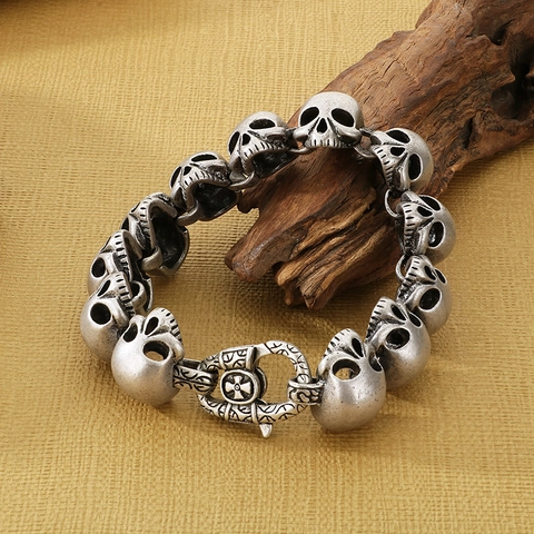 Pulsera De Calavera De Acero Inoxidable Para Hombre Cadena De Esqueleto Punk Gótico Retro Con Cierre De Cruz Halloween