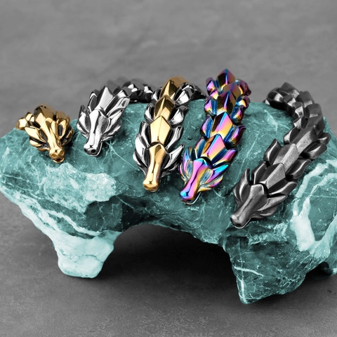 Dragon Bone Chain Bracelet Stainless Steel Heavy Punk Gothic Hip Hop Jewelry For Men Dragon Head Clasp Metal Wristband