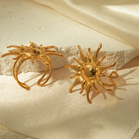 Stainless Steel Sun Starburst Ring Gold Plated Open Adjustable Layered Radiant Minimalist Fashion Jewelry