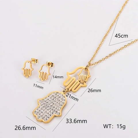 Hamsa Hand Halskette Und Ohrringe 304 Edelstahl 18K Vergoldet Strass Fatima Hand Religiöser Schmuck Für Frauen