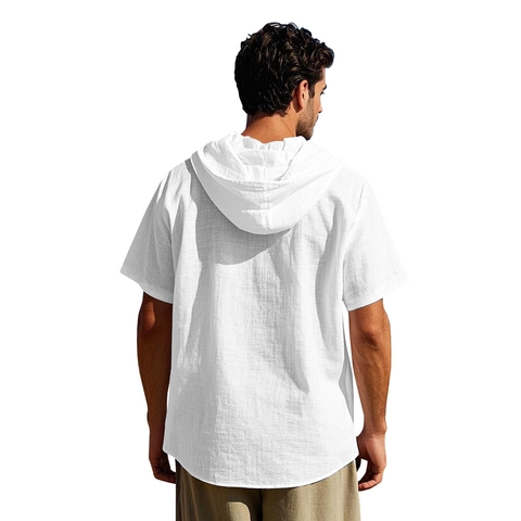 Chemise Homme À Capuche Manches Courtes Respirant Mélange Lin Été Décontracté Coupe Ample Haut Uni