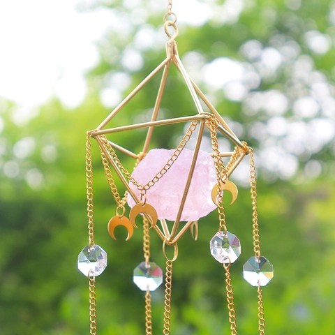 Suncatcher Hangende Decoratie Met Roze Kwartskristal En Geometrisch Metalen Frame Maan Ster Regenboogmaker Voor Huis Tuin