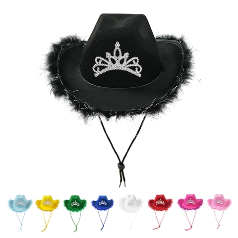 Western Cowboy Hat With Rhinestone Tiara Crown Feather Trim Polyester Felt Wide Brim Party Costume Adjustable Drawstring