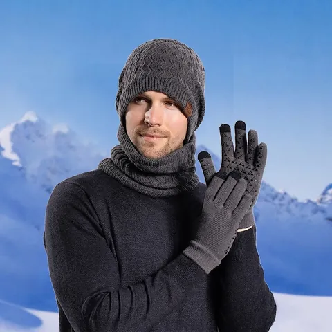 Herren Strickmütze Halswärmer Und Touchscreen Handschuhe Winter Thermo Fleece Gefüttert Wellenmuster Outdoor Sport Zubehör