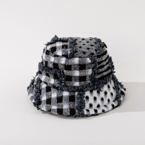 Patchwork Bucket Hat Woolen Plaid Checkerboard Pattern Frayed Edge Warm Winter Basin Hat For Women And Men